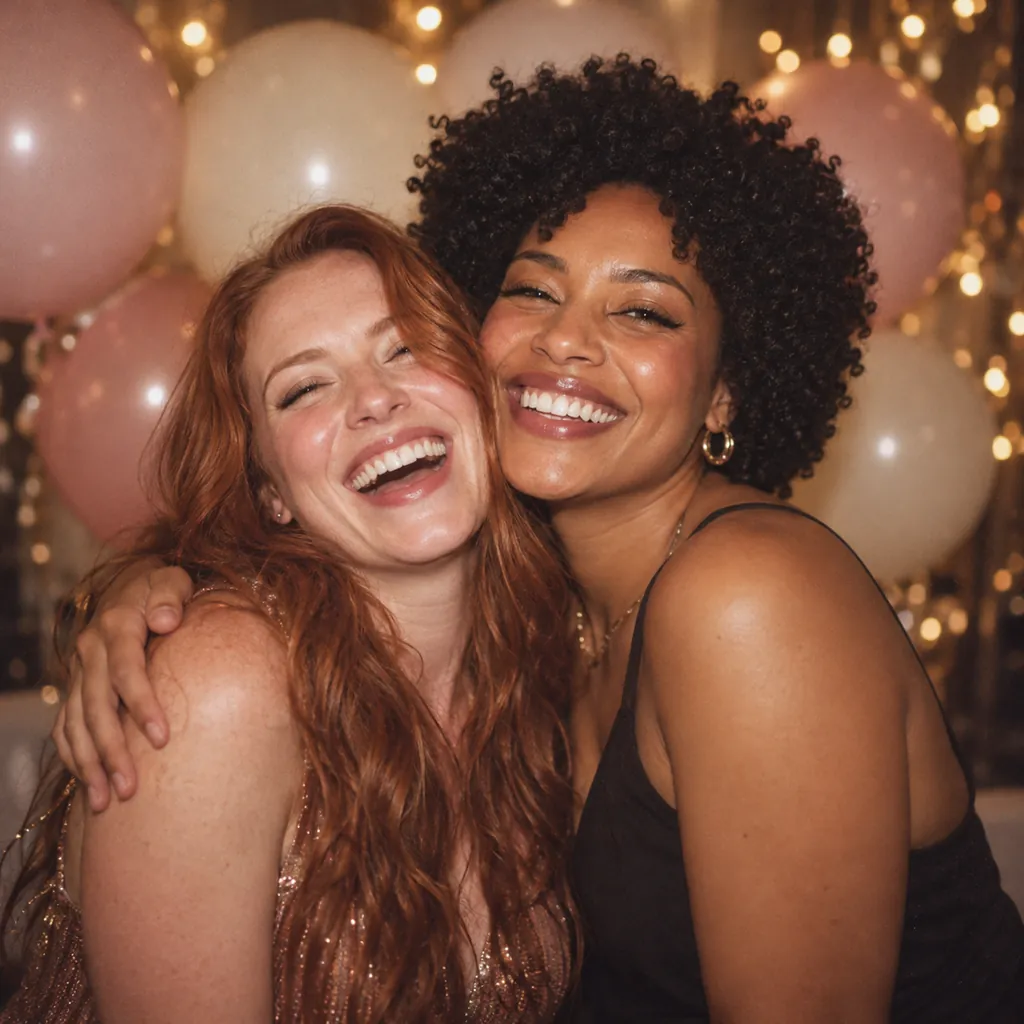 Two friends hugging at a birthday party with balloons behind