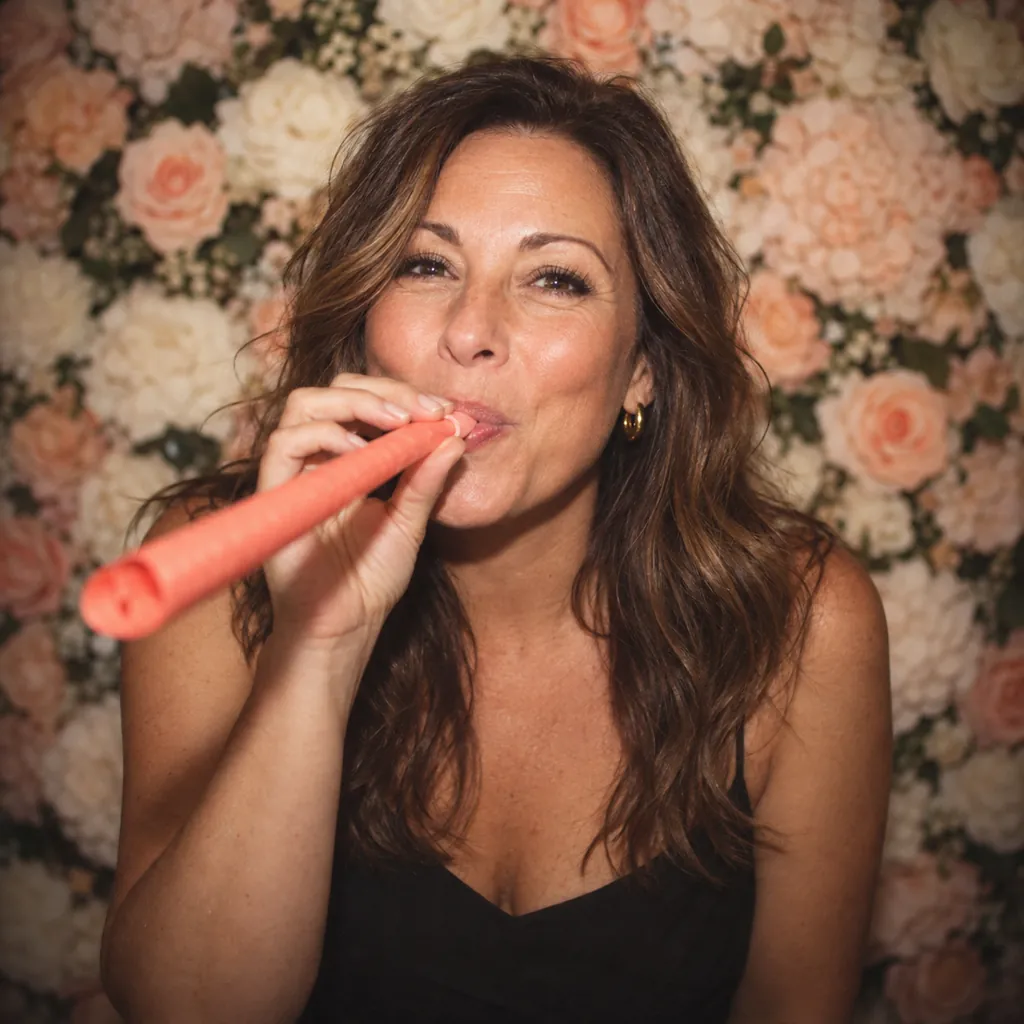 A guest blowing a party horn in front of a flower wall