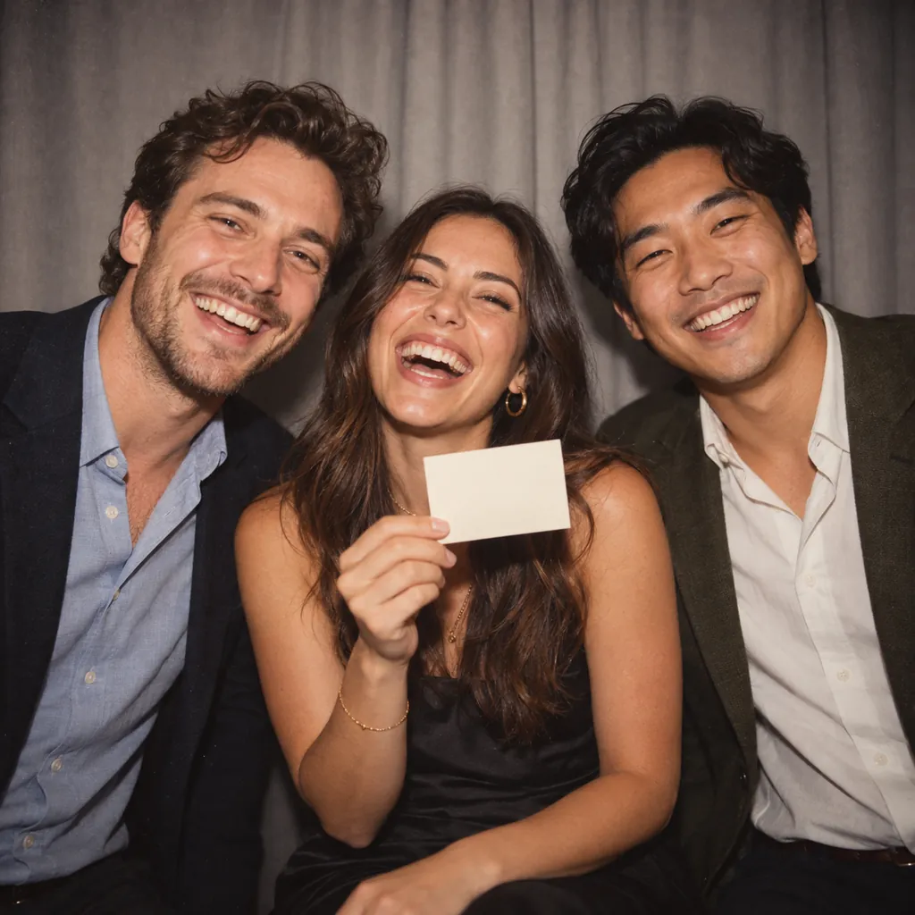 Three colleagues laughing, one holding up a blank card