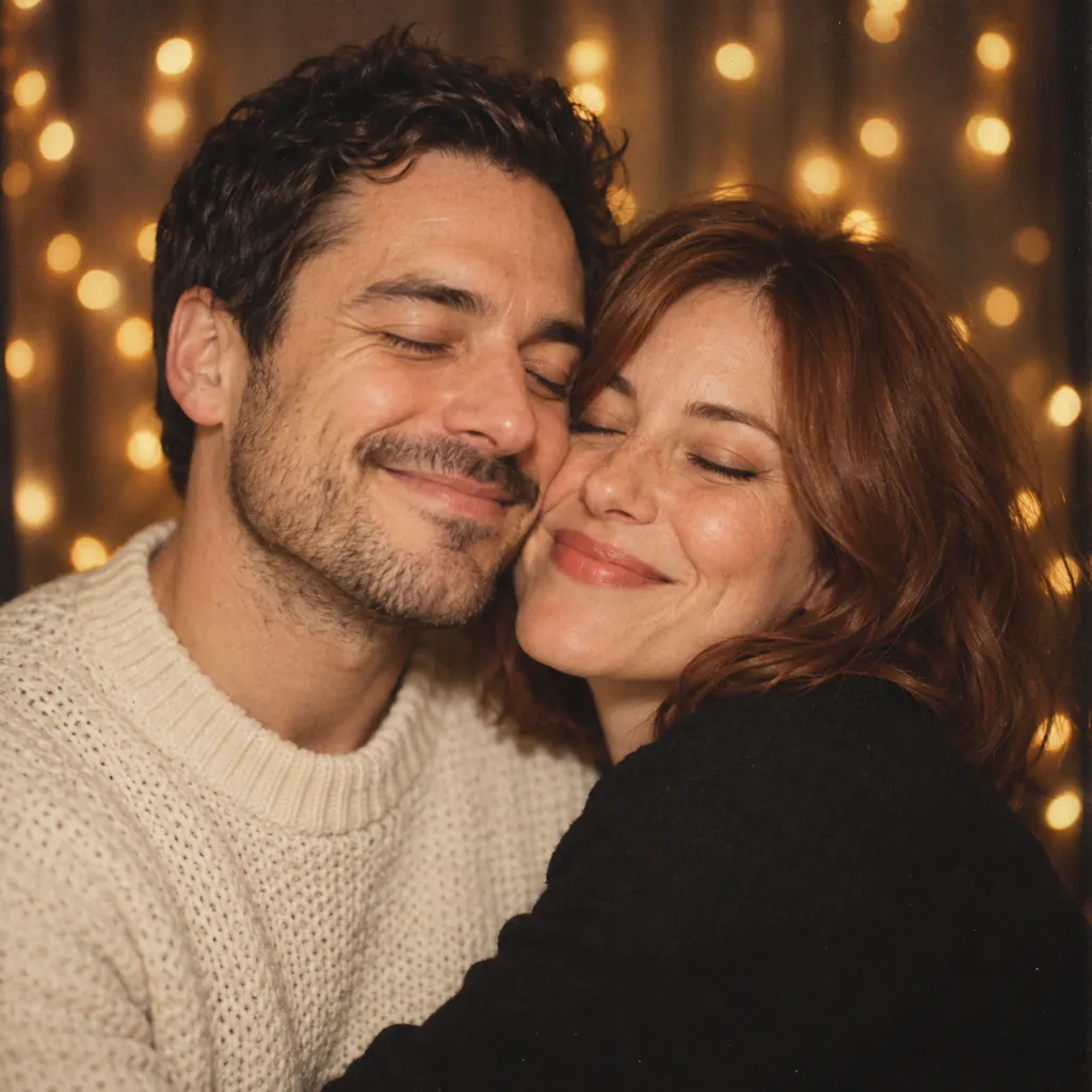 A couple hugging cheek to cheek with their eyes closed