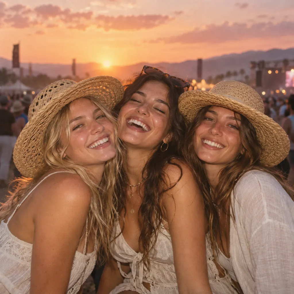 Three friends in straw hats at a festival at sunset