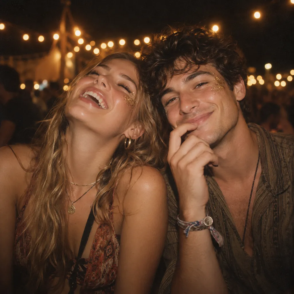 Two friends with glitter on their cheeks at a night festival