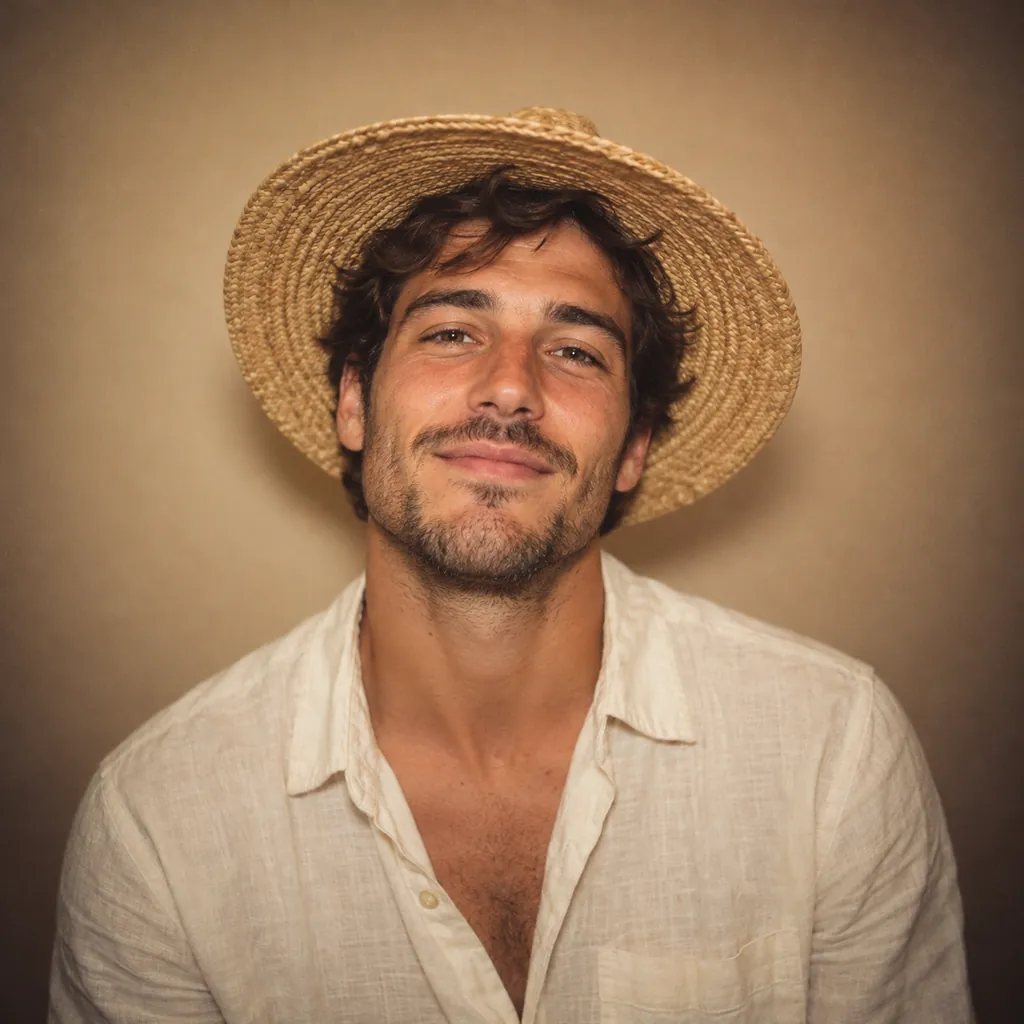 A guest in a straw sun hat with a relaxed smile