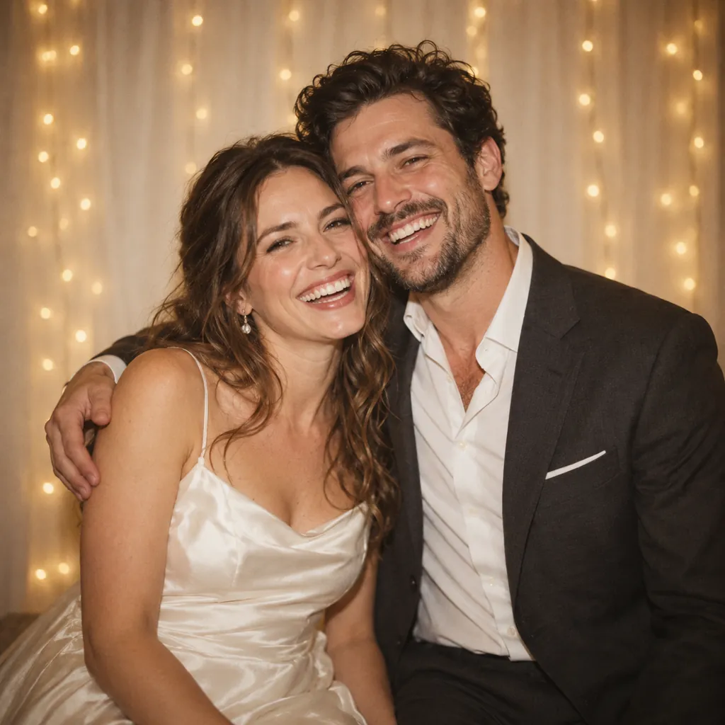 A bride and groom laughing together in front of warm fairy lights