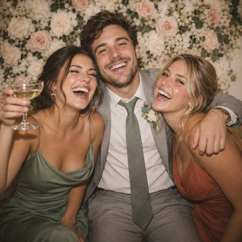 Three wedding guests laughing in front of a flower wall, one raising champagne